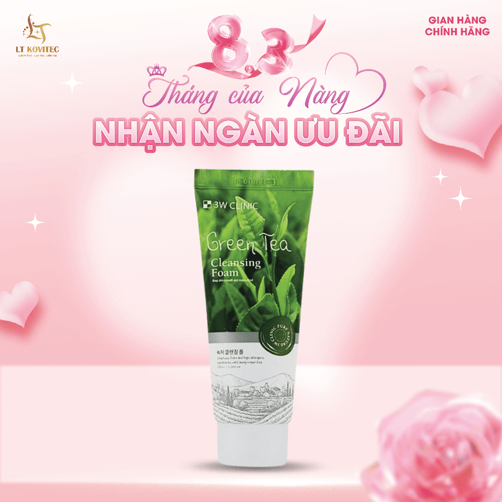 Sữa rửa mặt trà xanh 3W Clinic Green Tea Foam Cleansing Hàn Quốc 100ml trang da sạch mụn
