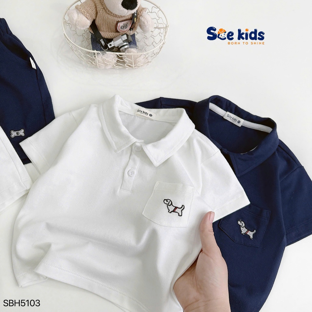 Bộ polo túi ngực thêu chú chó bé trai, bộ thun cổ đức mềm mát cho bé