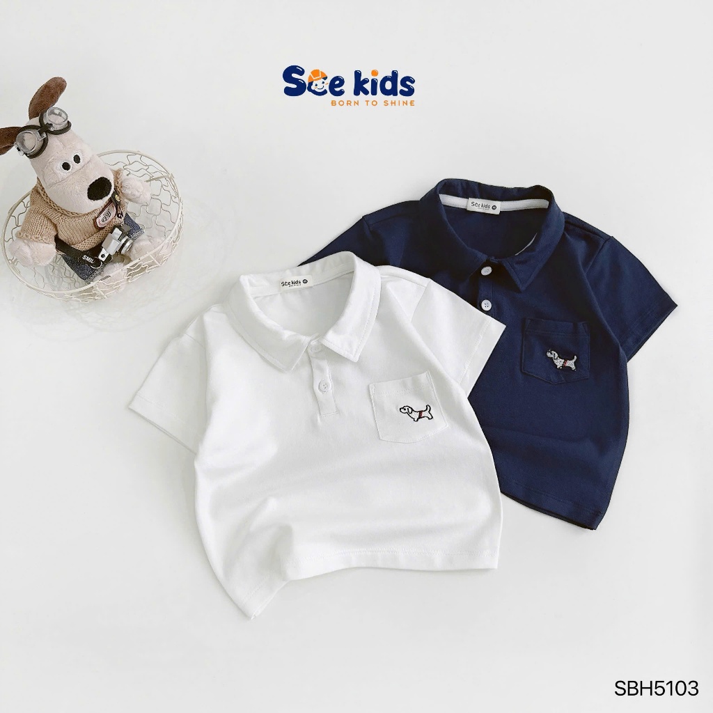Set polo cộc tay thêu chú chó SCE chất liệu cotton 4c co giãn thấm hút mồ hôi cho bé 9-27kg