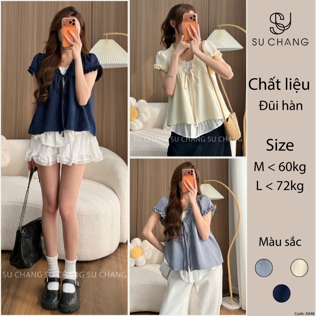 Áo Babydoll Viền Bèo Cộc Tay Nơ Ngực Phối Ren Boi Trắng Su Chang A848 Thời Trang Nữ
