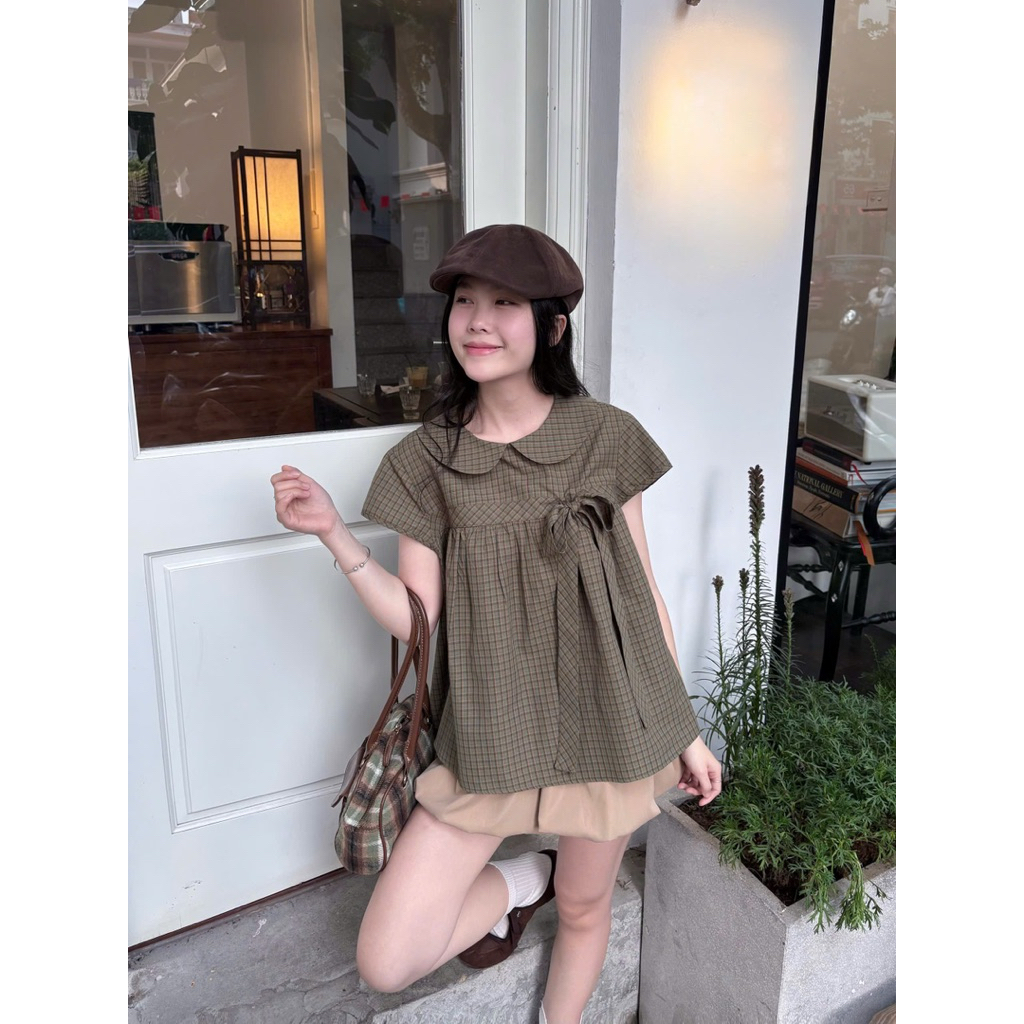 Áo babydoll KẺ CARO cổ sen cài nơ Nữ the.sweaterweather TSW