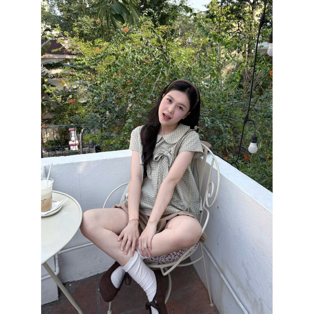 Áo babydoll KẺ CARO cổ sen cài nơ Nữ the.sweaterweather TSW