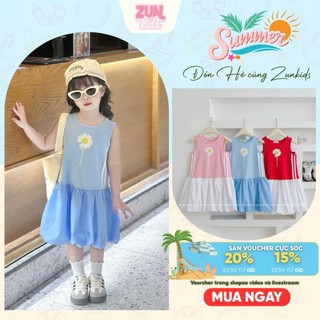 Váy Bé Gái Dáng Bí In Hoa Cúc Khuyết Cánh AZD556 – Thân Áo Thun Cotton Mềm, Tùng Váy Cotton Bung Xinh