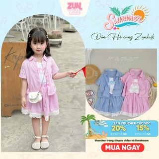 Set 3 Món Bé gái Kẻ Sọc Cotton LOVE YOURSHELF AZB538 – Áo Thun Trắng + Áo Sơmi + Chân Váy Ren Xinh