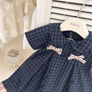 Váy caro xanh than cổ sen 2 nơ điệu đà cho bé gái