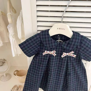 Váy caro xanh than cổ sen 2 nơ điệu đà cho bé gái