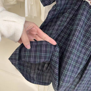 Váy caro xanh than cổ sen 2 nơ điệu đà cho bé gái