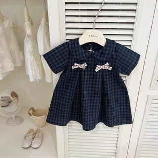 Váy caro xanh than cổ sen 2 nơ điệu đà cho bé gái