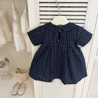 Váy caro xanh than cổ sen 2 nơ điệu đà cho bé gái