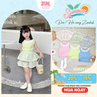 Set Bé Gái Áo Phối Cổ Ren & Quần Váy Hoa Minzy AZB549 – Áo Thun Cotton Ôm Co Giãn, Váy Thô Hoa Tầng Dễ Thương