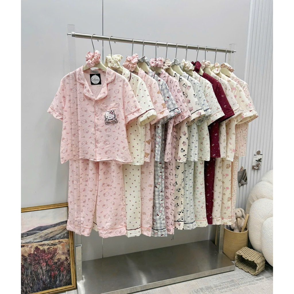Bộ Đũi Pyjama Tay Ngắn Quần Dài Kèm Cột Tóc Cute