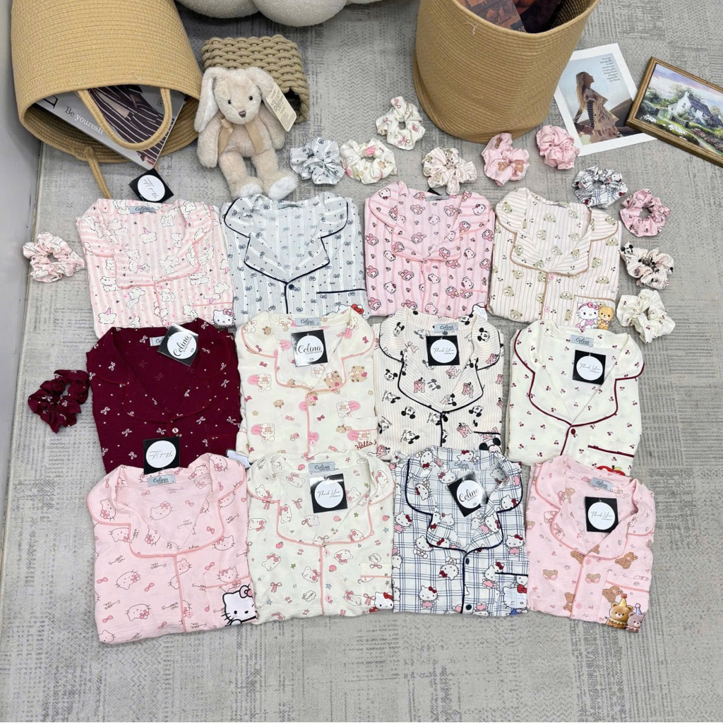 Bộ Đũi Pyjama Tay Ngắn Quần Dài Kèm Cột Tóc Cute