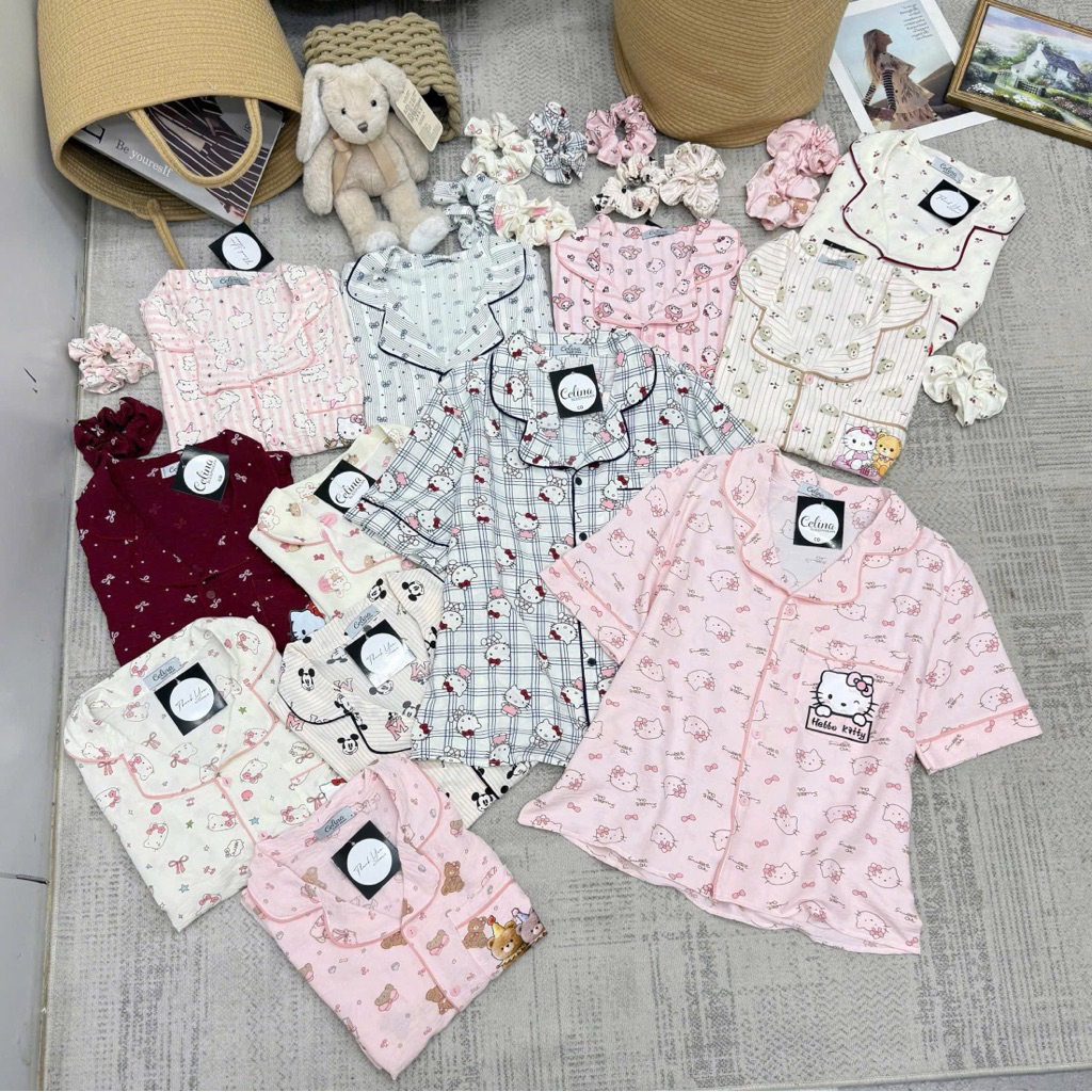 Bộ Đũi Pyjama Tay Ngắn Quần Dài Kèm Cột Tóc Cute