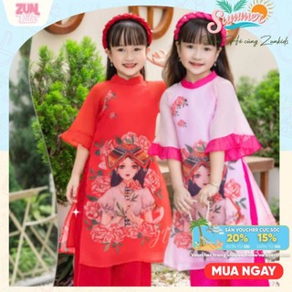 Bộ áo dài tơ Cao Cấp + Quần Lụa Mềm Bé Gái In Hình Cô Gái J9333  Phù Hợp 2-10 Tuổi