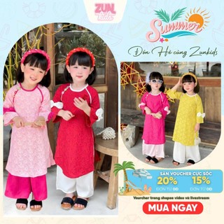Áo Dài Gấm + quần dài (ko kèm cài) Cho Bé Gái J7787 – Đính Cúc Hoa Vai, Chất Gấm In Hoa Cao Cấp, Quần Lụa Mềm