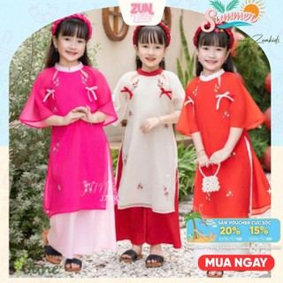 Áo Dài Truyền Thống Bé Gái J7130 – Thêu Hoa 3D Cao Cấp, Chất Tơ Thêu Mềm Mịn, Quần Lụa Latin