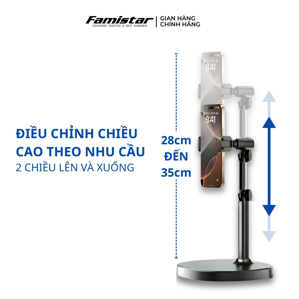 Giá Đỡ Điện Thoại Xoay 360 Điều Chỉnh Độ Cao, Kẹp Điện Thoại Quay Video Đa năng Livestream Famistar GD07