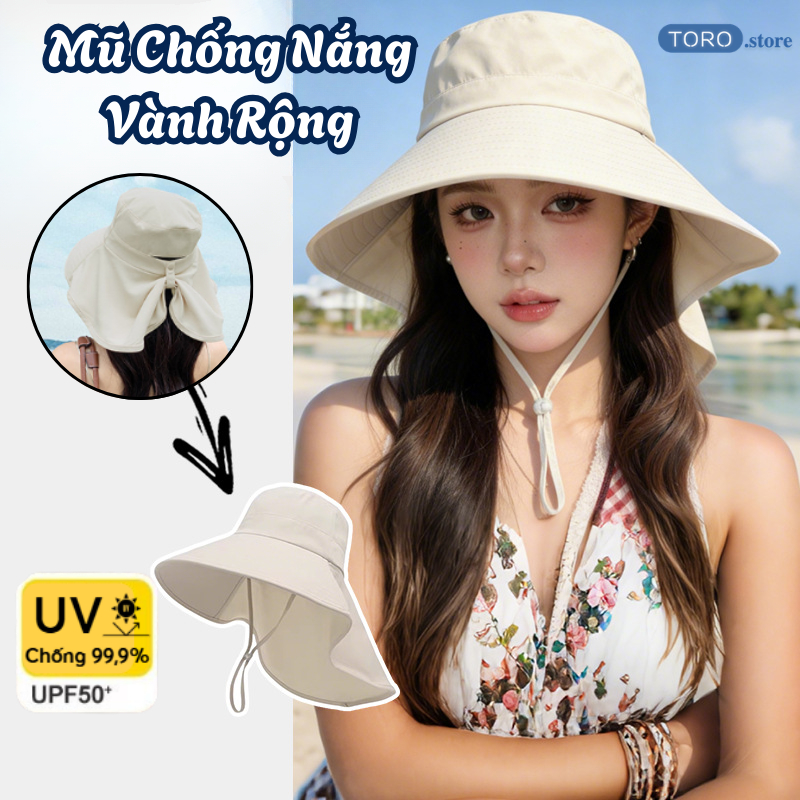 Mũ Chống Nắng Rộng Vành Toro Kèm Khăn Choàng Che Cổ, Chống Tia UV, Nón Trùm Đầu Che Nắng