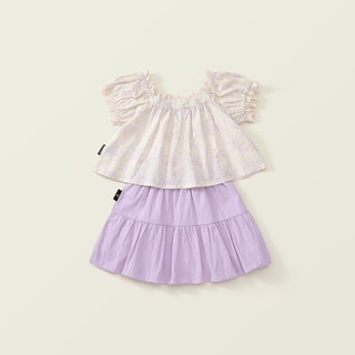Sét Bộ Bé Gái, Set Bộ Thiết Kế Áo Tay Phồng Kèm Chân Váy Bí Họa Tiết Nơ Xinh Xắn Chất Liệu Cotton