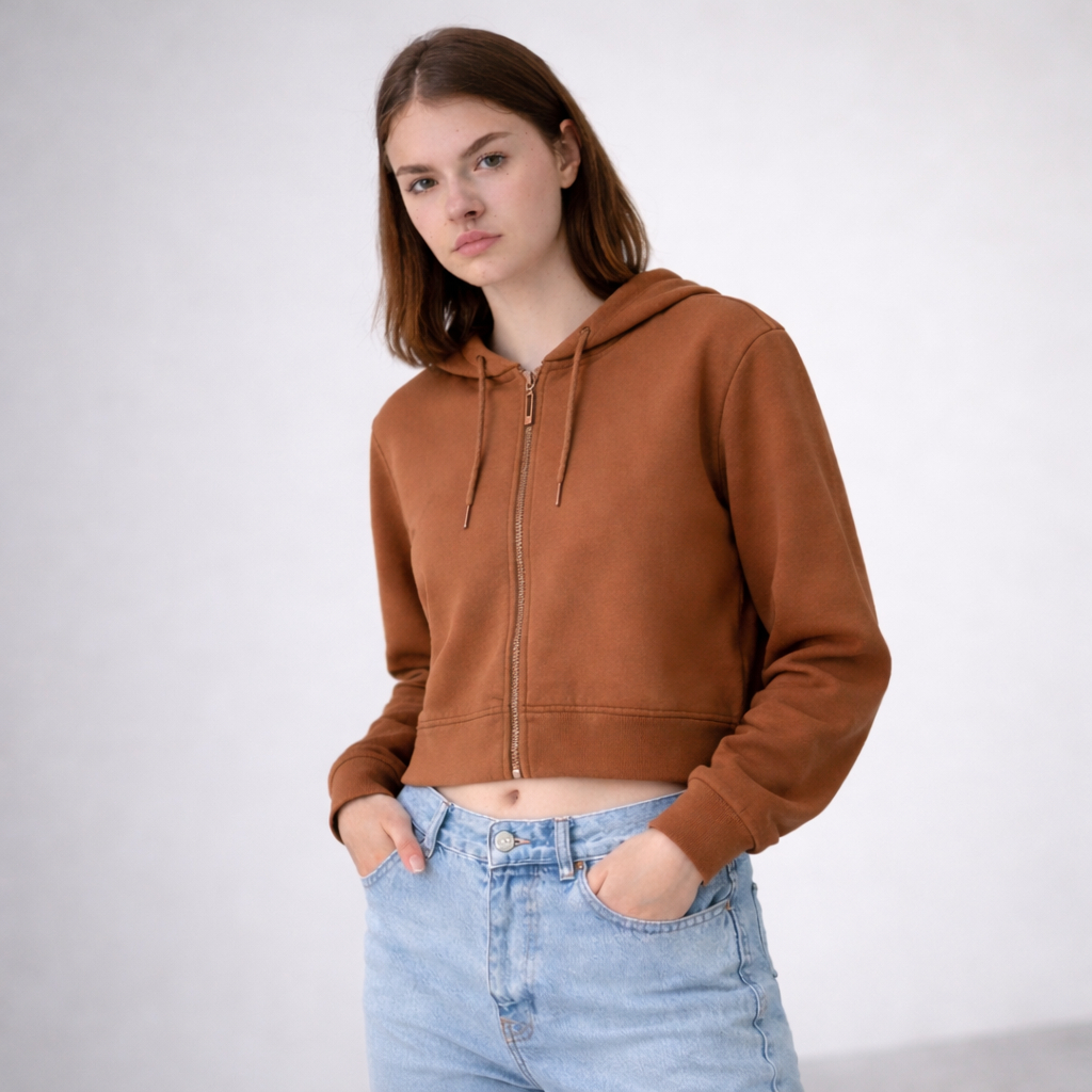 Hoodie Zip Crop Nữ Umimodal – dày dặn, mềm mịn, đứng form, mũ rộng, màu nâu