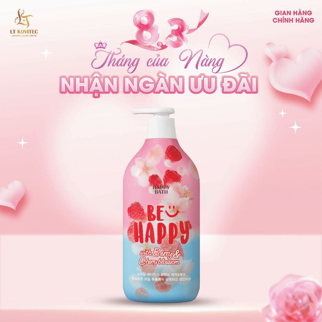 Sữa Tắm Happy Bath Be Happy Lưu Hương Lâu, Hương Dâu Rừng Ngọt Ngào Kết Hợp Hoa Anh Đào Dịu Nhẹ 900g