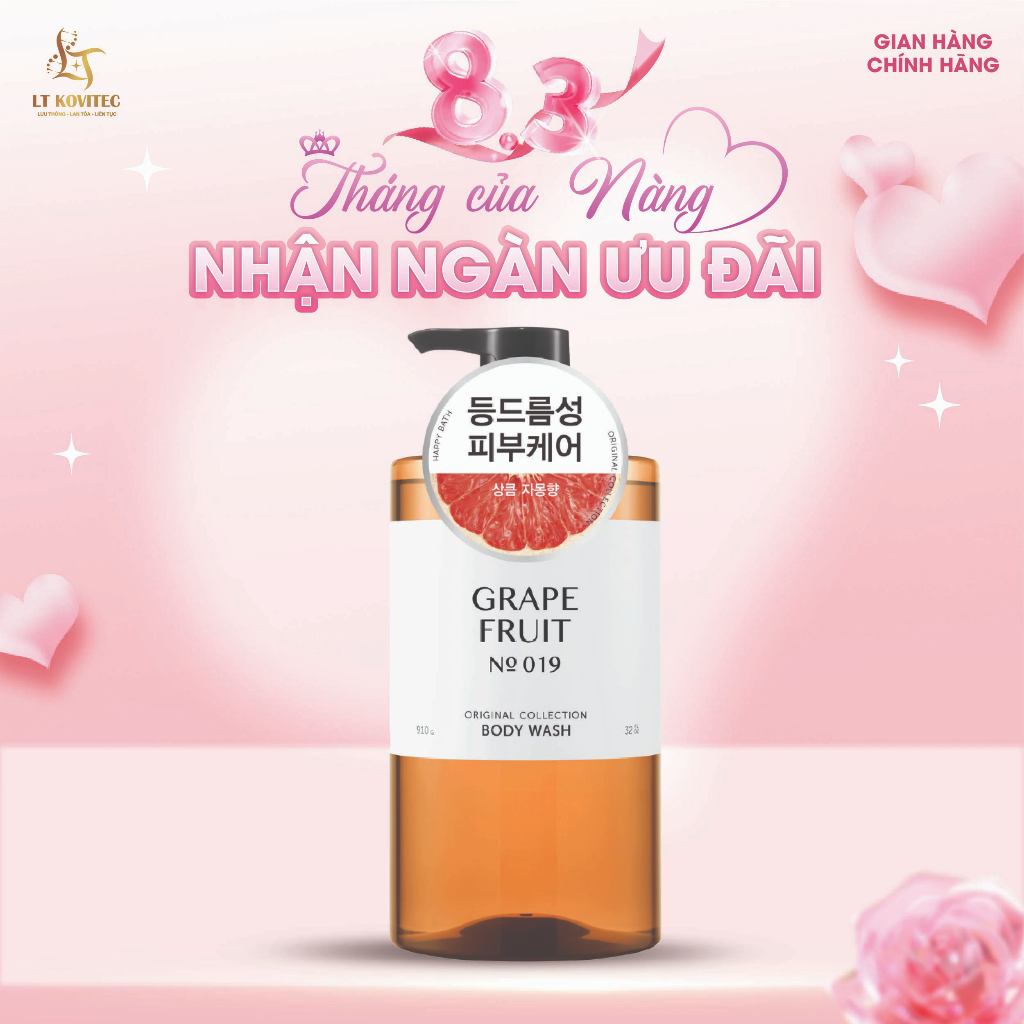 [No.019] Sữa Tắm Trắng Da Happy Bath Grape Fruit Giảm Mụn Lưng Hương Hoa Quả Thảo Dược Chai 910 ML