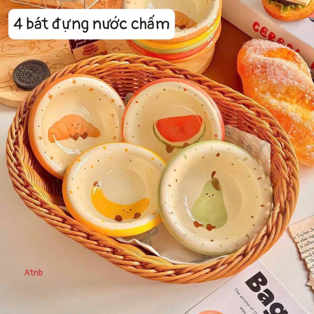 Set 4 Bát Sứ Chấm Nước Chấm Hoạ Tiết Trái Cây Dễ Thương – Chén Nước Mắm Mini Trang Trí Bàn Ăn