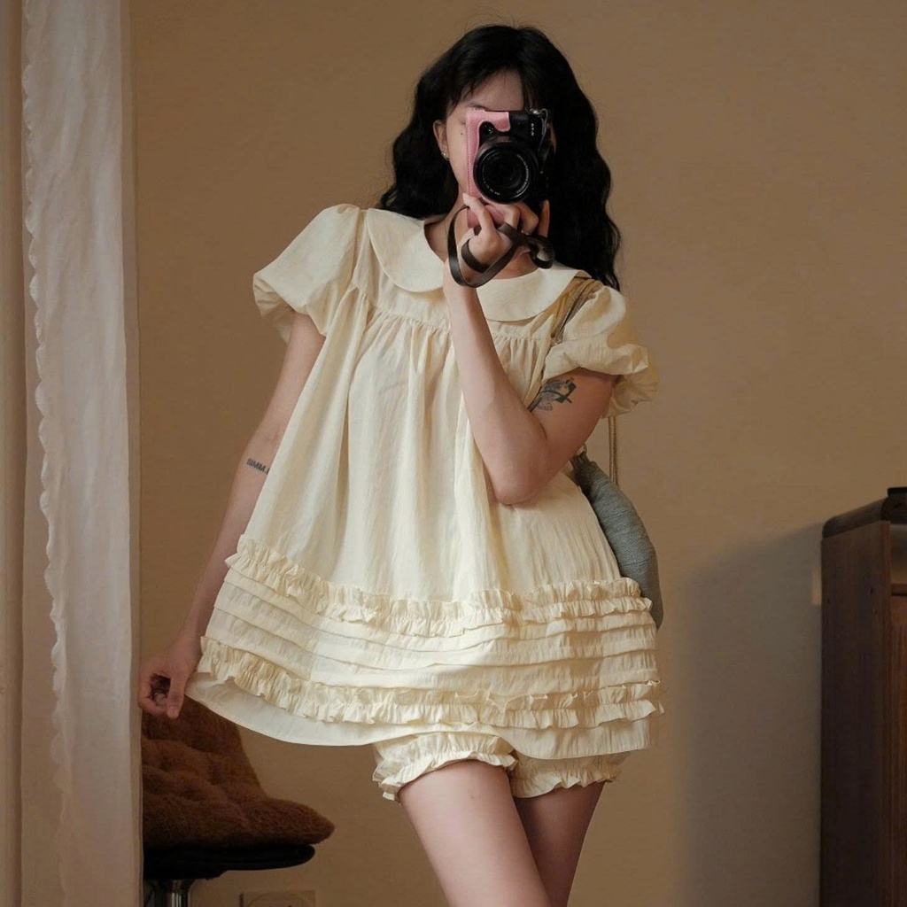 (Tặng quần bí) Áo Váy Babydoll Cổ Sen 2 Lớp Form Rộng Gấu Viền Bèo Kèm Quần Bí Phồng Bo Chun 247Store