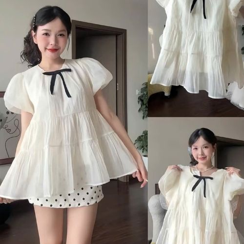 (KÈM NƠ) Set Áo Nữ Kiểu Babydoll Xoè Tay Bồng Chất Liệu Tơ Óng Phong Cách Tiểu Thư
