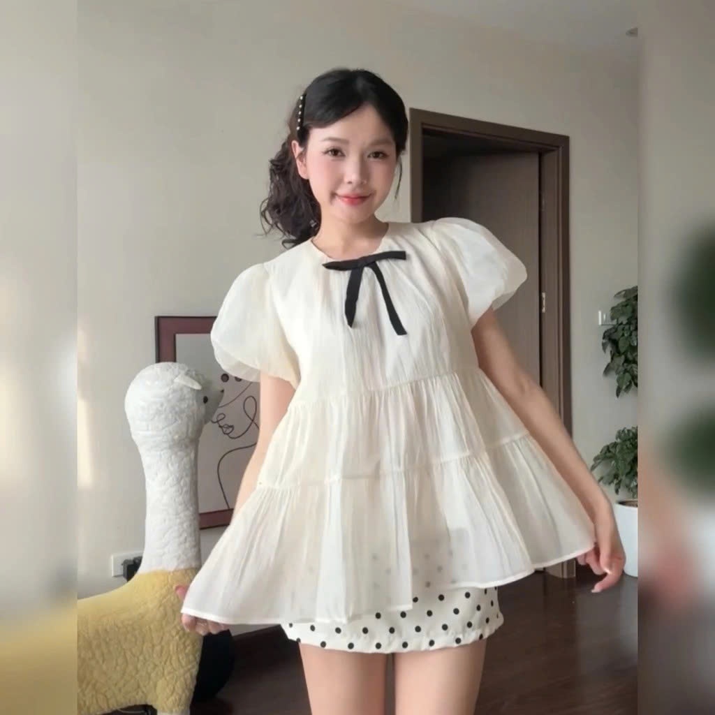 (KÈM NƠ) Set Áo Nữ Kiểu Babydoll Xoè Tay Bồng Chất Liệu Tơ Óng Phong Cách Tiểu Thư