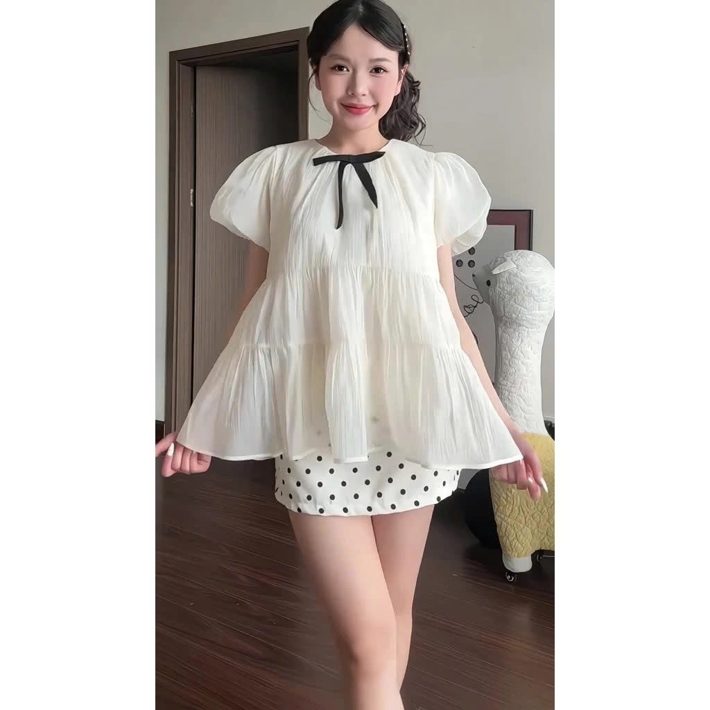 (KÈM NƠ) Set Áo Nữ Kiểu Babydoll Xoè Tay Bồng Chất Liệu Tơ Óng Phong Cách Tiểu Thư