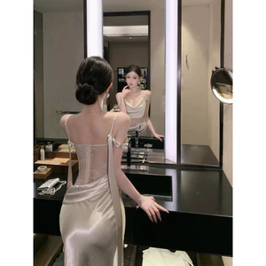 Đầm 2 dây lụa cổ đổ phối eo ren