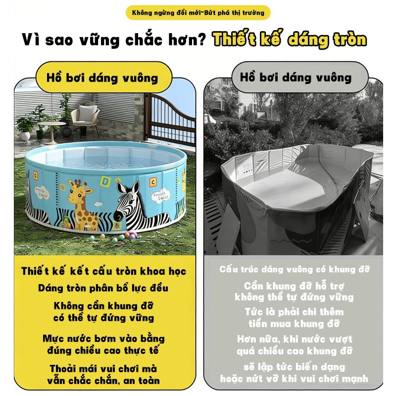 Bể bơi Gấp Gọn Cho Bé, Hồ Bơi Không Cần Bơm Gia Đình, 3 Lớp PVC Dày, Hồ Bơi Trẻ Em Ngoài Trời