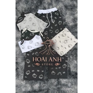 Bộ Áo 2 Dây Thun Tăm In Mèo Kitty Phối Viền Cổ + Quần Dài Cạp Trắng In Mèo Xinh Xắn Dễ Thương
