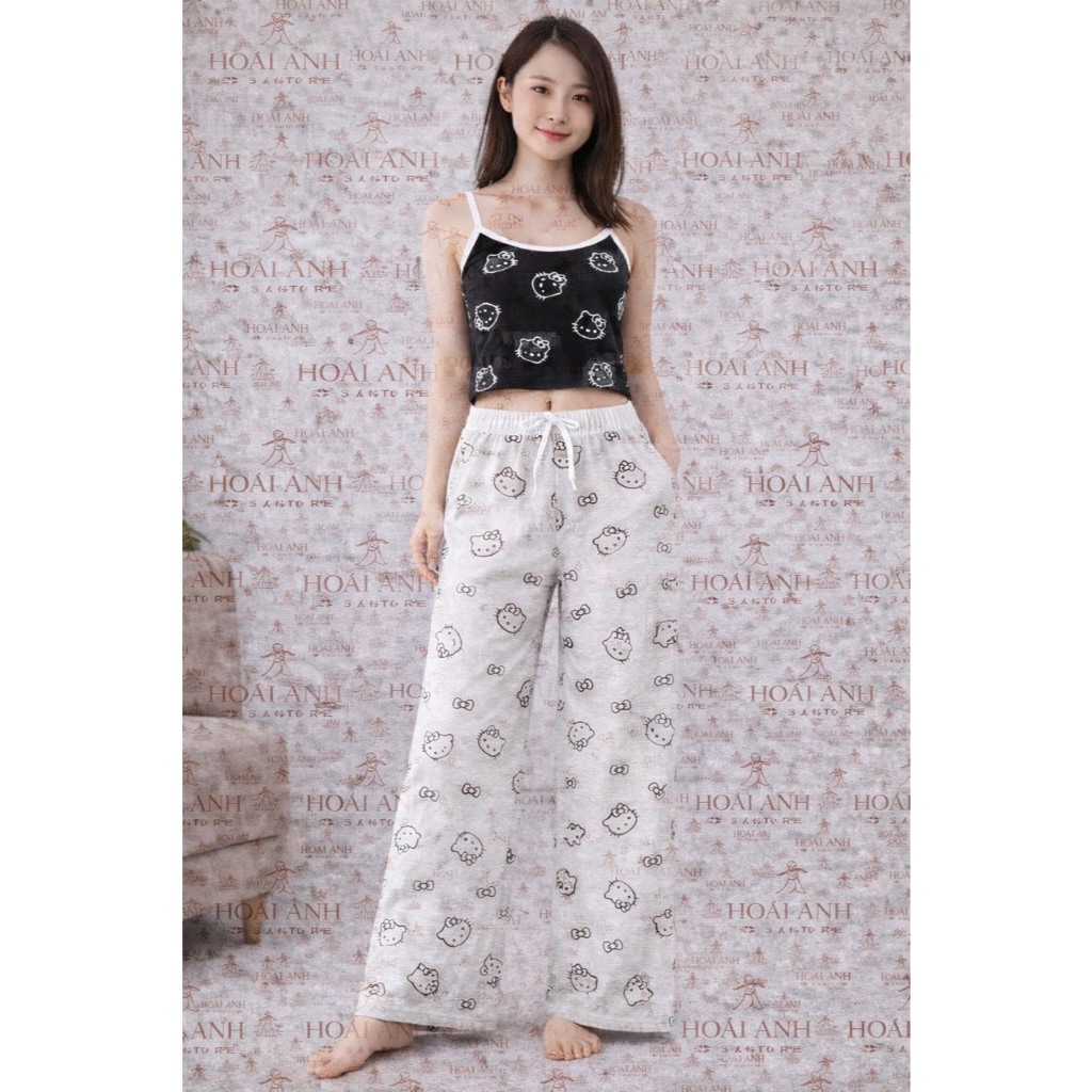 Sét Áo 2 Dây Mèo Kitty Viền Cổ Sang Chảnh Phối Quần Dài Mèo Cạp Trắng 100% Cotton Mềm Mịn Thoáng Mát