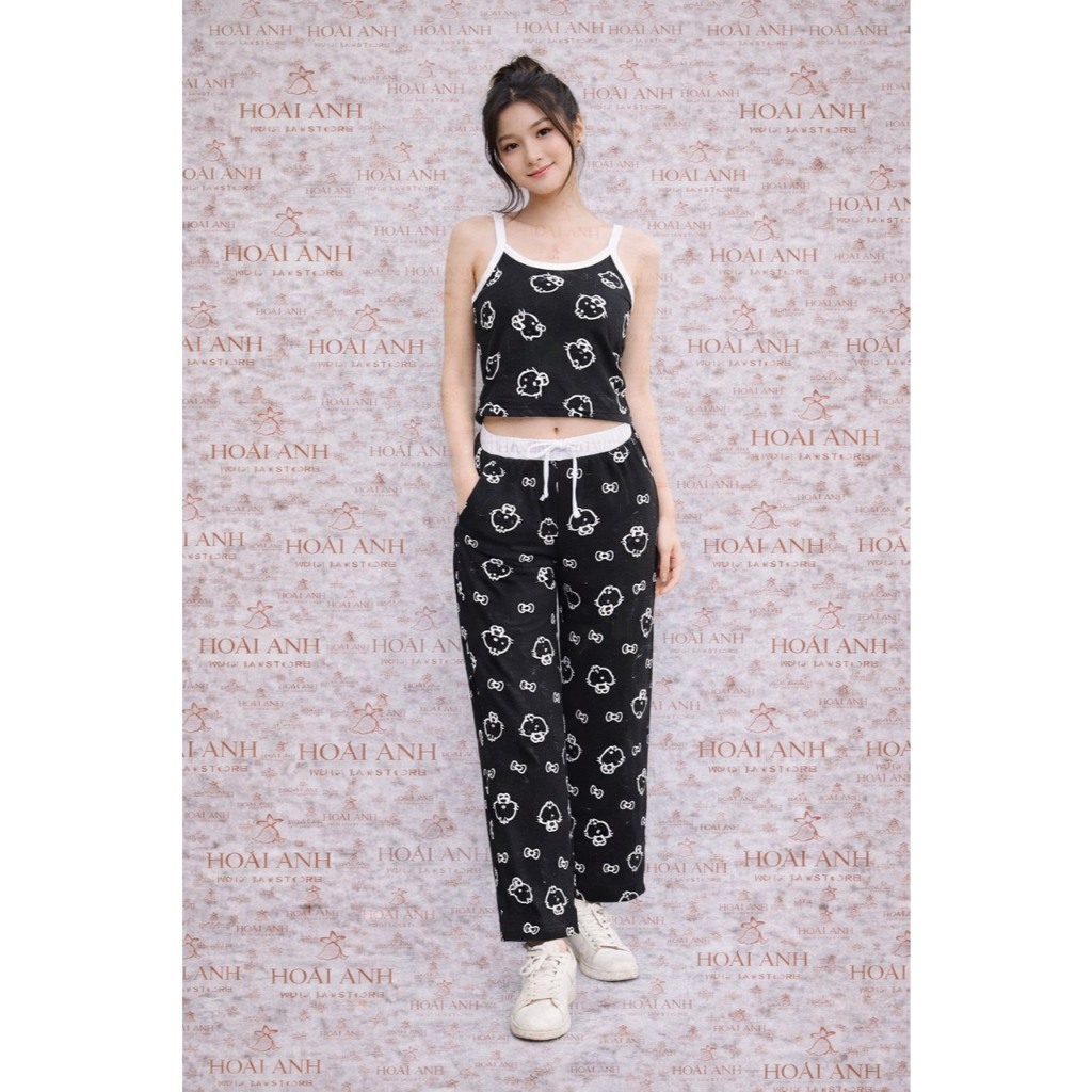 Sét Áo 2 Dây Mèo Kitty Viền Cổ Sang Chảnh Phối Quần Dài Mèo Cạp Trắng 100% Cotton Mềm Mịn Thoáng Mát