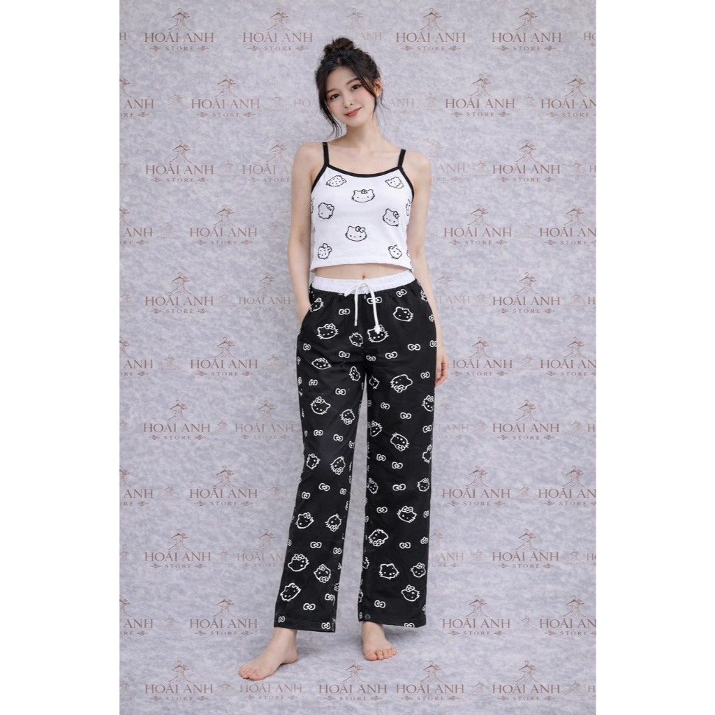 Sét Áo 2 Dây Mèo Kitty Viền Cổ Sang Chảnh Phối Quần Dài Mèo Cạp Trắng 100% Cotton Mềm Mịn Thoáng Mát