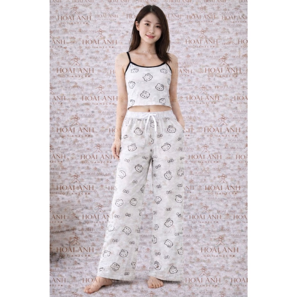 Sét Áo 2 Dây Mèo Kitty Viền Cổ Sang Chảnh Phối Quần Dài Mèo Cạp Trắng 100% Cotton Mềm Mịn Thoáng Mát