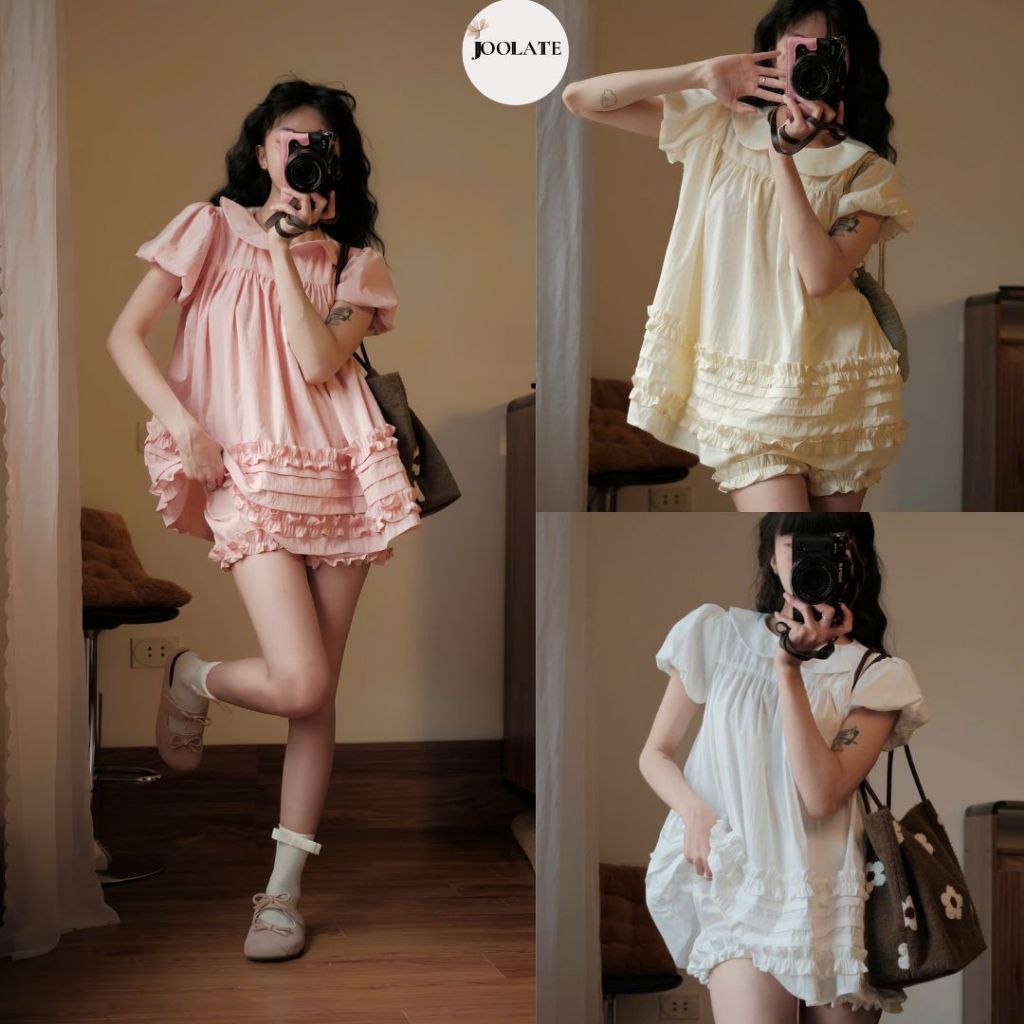 Áo Váy Babydoll Cổ Sen 2 Lớp Form Rộng Gấu Viền Bèo Kèm Quần Bí Phồng Bo Chun Mặc Đi Chơi Đi Biển Siêu Xinh JOOLATE