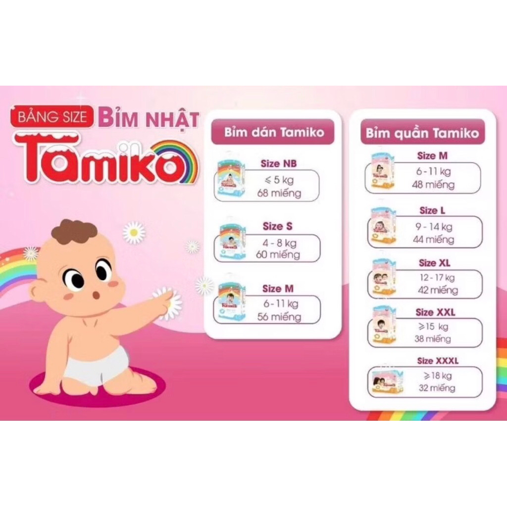 Tã bỉm Nhật Tamiko NB68/S60/M58/M48/L44/XL42/XXL38/XXXL32 Mềm Mịn ,Thấm Hút Nhanh, Thoáng Khí