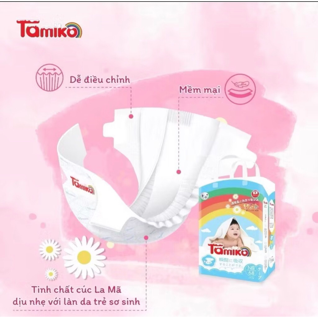 Tã bỉm Nhật Tamiko NB68/S60/M58/M48/L44/XL42/XXL38/XXXL32 Mềm Mịn ,Thấm Hút Nhanh, Thoáng Khí