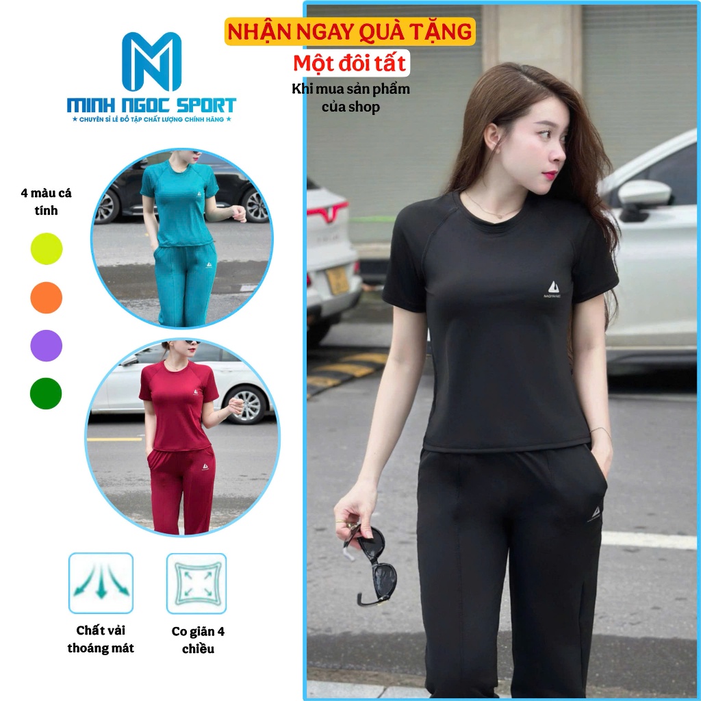Bộ quần áo tập gym yoga aerobic nữ, bộ quần dài áo cộc thun mát, bộ tập thể thao nữ, Chất vải co dãn mát [AH-06]