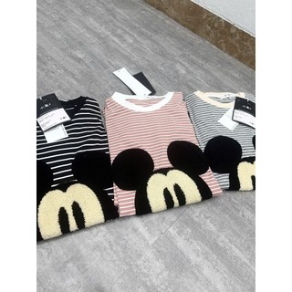 Set Bộ Đồ Nữ Kẻ Ngang Thêu Mickey Lông Nổi Áo Ngắn Tay Phối Viền Cổ Mix Quần Jogger Ống Rộng Bo Chun Gấu
