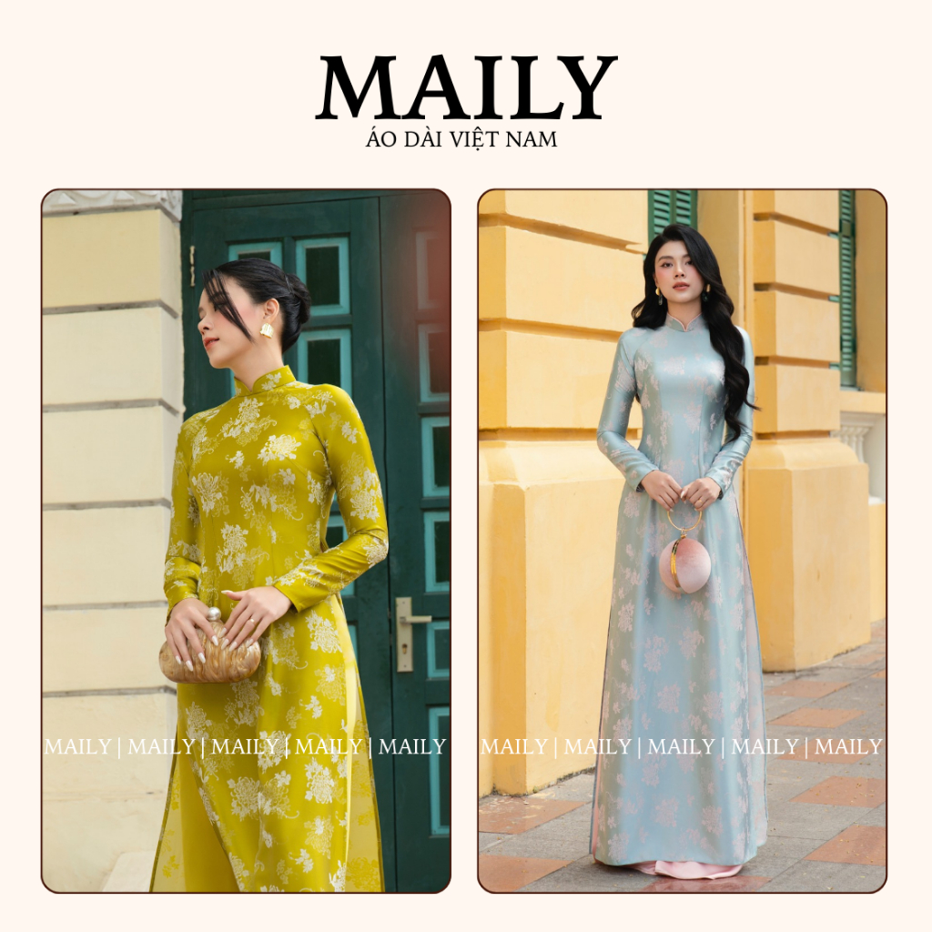Áo Dài Duyên Nhã Dáng Ôm Truyền Thống, Thiết Kế 2 Tà Cổ Cao Tay Dài Sang Trọng - ÁO DÀI MAILY