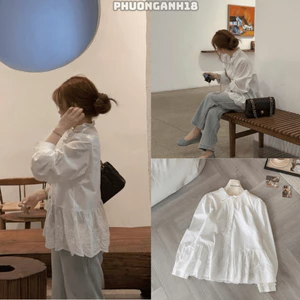 Áo sơ mi dáng babydoll cổ bèo dài tay phối ren thô boi hàng QC 5468 A077
