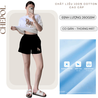 Bộ Áo Phông Nữ Chepol In Chữ, Cổ Tròn, Tay Ngắn, Phối Quần Đùi, Chất Cotton Cao Cấp (Áo Thun Trắng+Quần Đùi Đen)CP_21041