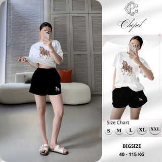 Bộ Áo Phông Nữ Chepol In Chữ, Cổ Tròn, Tay Ngắn, Phối Quần Đùi, Chất Cotton Cao Cấp (Áo Thun Trắng+Quần Đùi Đen)CP_21041