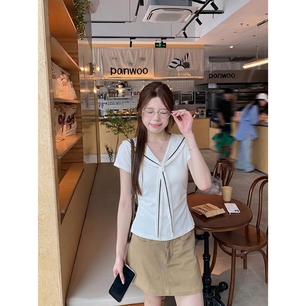 Áo Thun Cộc Tay Nữ Nổ V Viền Đen Thắt Nơ Xinh Xắn Dễ Thương Đi Chơi Dạo Phố Thanhhuyenclothings (B522)