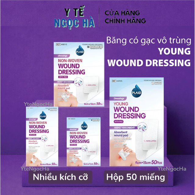 [50 MIẾNG] Băng có Gạc Vô Trùng Young Wound Dressing, thấm hút dịch tốt, không dính vào vết thương