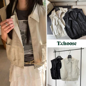 Áo khoác gile da cạp chun cổ bẻ 11123 TCHOOSE
